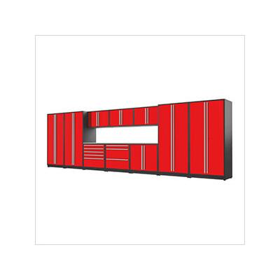 Proslat Garage Cabinets 12-Piece Glossy Red Cabinet Set with Silver Handles and Stainless Steel Worktop