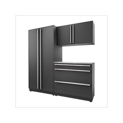 Proslat Garage Cabinets 4-Piece Mat Black Cabinet Set with Silver Handles and Stainless Steel Worktop