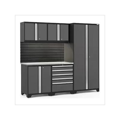 NewAge Garage Cabinets PRO Series Grey 6-Piece Set with Stainless Steel Top, Slatwall and LED Lights
