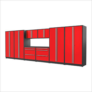 Proslat Garage Cabinets 9-Piece Glossy Red Cabinet Set with Silver Handles and Powder Coated Worktop