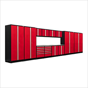 NewAge Garage Cabinets PRO Series Red 14-Piece Set with Stainless Steel Top and LED Lights