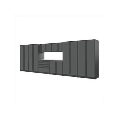 Proslat Garage Cabinets 9-Piece Glossy Grey Cabinet Set with Black Handles and Stainless Steel Worktop