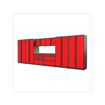 Proslat Garage Cabinets 9-Piece Glossy Red Cabinet Set with Black Handles and Stainless Steel Worktop