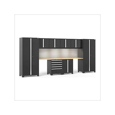 NewAge Garage Cabinets PRO Series Black 10-Piece Set with Bamboo Top, Slatwall and LED Lights