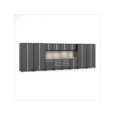 NewAge Garage Cabinets PRO Series Grey 14-Piece Set with Stainless Steel Tops, Slatwall and LED Lights