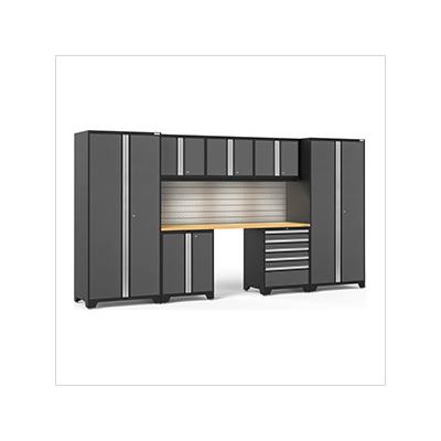 NewAge Garage Cabinets PRO Series Grey 8-Piece Set with Bamboo Top, Slatwall and LED Lights