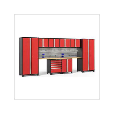 NewAge Garage Cabinets PRO Series Red 10-Piece Set with Bamboo Top, Slatwall Hook Kit and LEDs