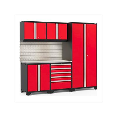 NewAge Garage Cabinets PRO Series Red 6-Piece Set with Stainless Steel Top, Slatwall and LED Lights