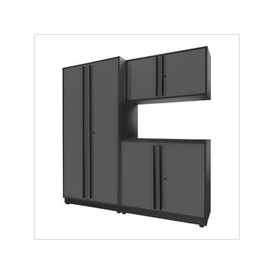 Proslat Garage Cabinets 4-Piece Glossy Grey Cabinet Set with Black Handles and Powder Coated Worktop