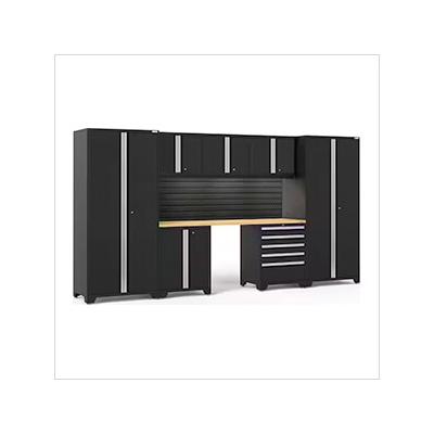 NewAge Garage Cabinets PRO Series Black 8-Piece Set with Bamboo Top, Slatwall and LED Lights