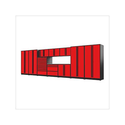 Proslat Garage Cabinets 11-Piece Glossy Red Cabinet Set with Black Handles and Stainless Steel Worktop