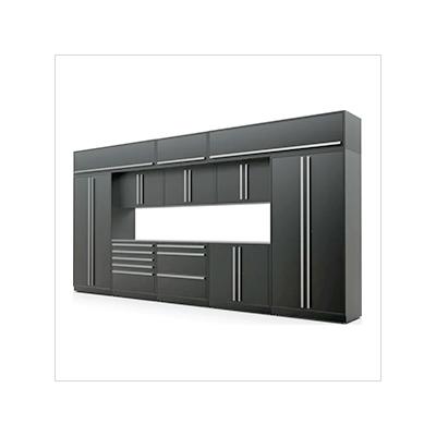 Proslat Garage Cabinets 13-Piece Mat Black Cabinet Set with Silver Handles and Stainless Steel Worktop