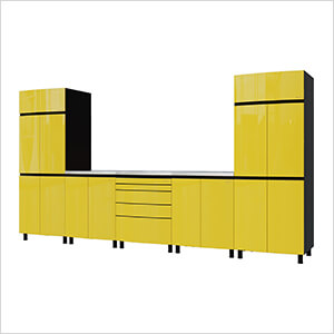 Contur Cabinet 12.5' Premium Vespa Yellow Garage Cabinet System with Stainless Steel Tops