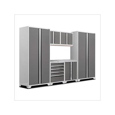 NewAge Garage Cabinets PRO Series Platinum 7-Piece Set with Stainless Steel Top and LED Lights