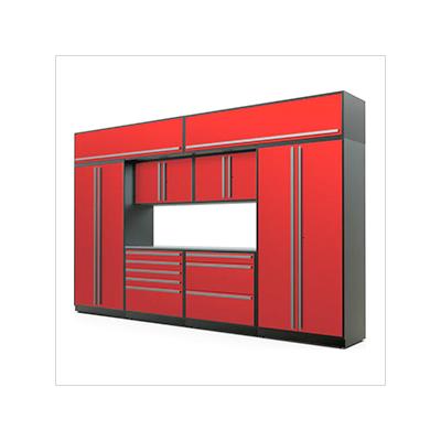 Proslat Garage Cabinets 9-Piece Glossy Red Cabinet Set with Silver Handles and Stainless Steel Worktop