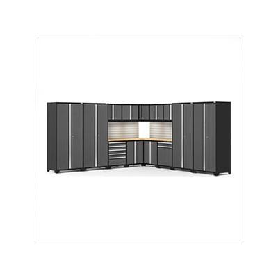 NewAge Garage Cabinets PRO Series Grey 16-Piece Corner Set with Bamboo Tops, Slatwall and LED Lights