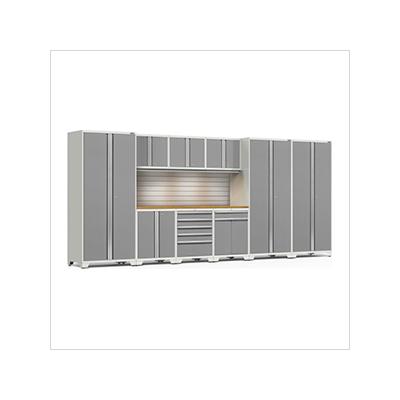 NewAge Garage Cabinets PRO Series Platinum 10-Piece Set with Bamboo Top, Slatwall and Lights