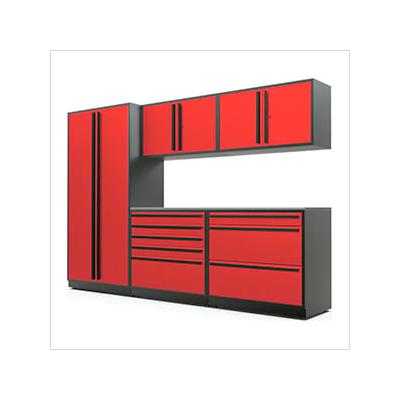 Proslat Garage Cabinets 6-Piece Glossy Red Cabinet Set with Black Handles and Stainless Steel Worktop