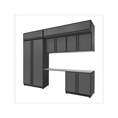 Proslat Garage Cabinets 7-Piece Glossy Grey Cabinet Set with Black Handles and Stainless Steel Worktop