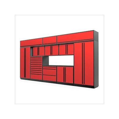 Proslat Garage Cabinets 12-Piece Glossy Red Cabinet Set with Black Handles and Powder Coated Worktop