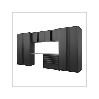Proslat Garage Cabinets 6-Piece Mat Black Cabinet Set with Black Handles and Stainless Steel Worktop