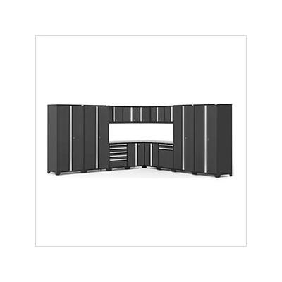 NewAge Garage Cabinets PRO Series Black 16-Piece Corner Set with Stainless Tops and LED Lights