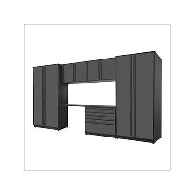 Proslat Garage Cabinets 6-Piece Glossy Grey Cabinet Set with Black Handles and Powder Coated Worktop