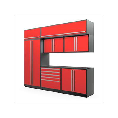 Proslat Garage Cabinets 8-Piece Glossy Red Cabinet Set with Silver Handles and Powder Coated Worktop