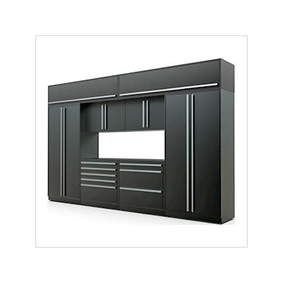Proslat Garage Cabinets 9-Piece Mat Black Cabinet Set with Silver Handles and Powder Coated Worktop