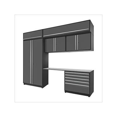 Proslat Garage Cabinets 7-Piece Glossy Grey Cabinet Set with Silver Handles and Stainless Steel Worktop