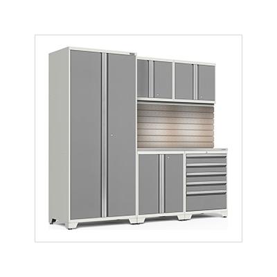 NewAge Garage Cabinets PRO Series Platinum 6-Piece Set with Stainless Steel Top, Slatwall and Lights