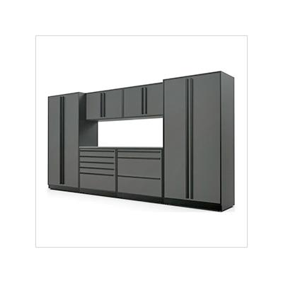 Proslat Garage Cabinets 7-Piece Glossy Grey Cabinet Set with Black Handles and Stainless Steel Worktop