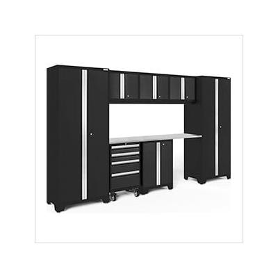NewAge Garage Cabinets BOLD Series Black 8-Piece Set with Stainless Steel Top and LED Lights