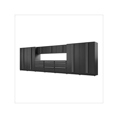 Proslat Garage Cabinets 12-Piece Mat Black Cabinet Set with Silver Handles and Stainless Steel Worktop