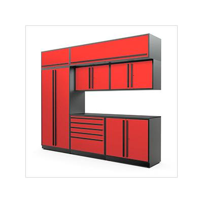 Proslat Garage Cabinets 8-Piece Glossy Red Cabinet Set with Black Handles and Powder Coated Worktop