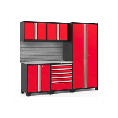 NewAge Garage Cabinets PRO Series Red 6-Piece Set with Stainless Steel Top and Slatwall