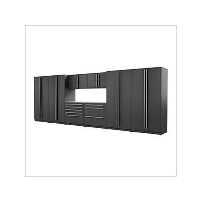 Proslat Garage Cabinets 9-Piece Mat Black Cabinet Set with Silver Handles and Stainless Steel Worktop