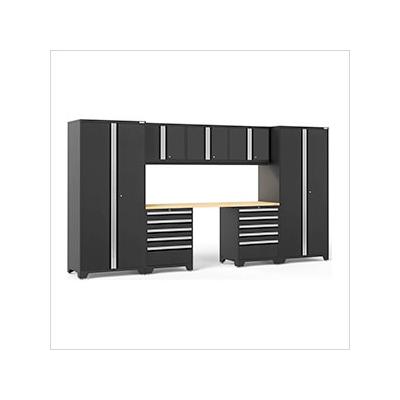 NewAge Garage Cabinets PRO Series Black 8-Piece Set with Bamboo Top and LED Lights