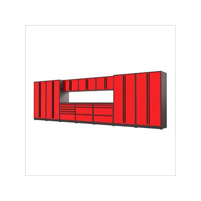 Proslat Garage Cabinets 12-Piece Glossy Red Cabinet Set with Black Handles and Powder Coated Worktop