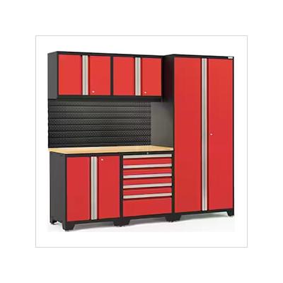 NewAge Garage Cabinets PRO Series Red 6-Piece Set with Bamboo Top, Slatwall and LED Lights