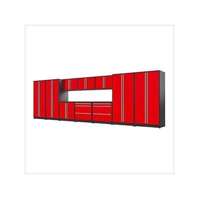 Proslat Garage Cabinets 12-Piece Glossy Red Cabinet Set with Silver Handles and Powder Coated Worktop