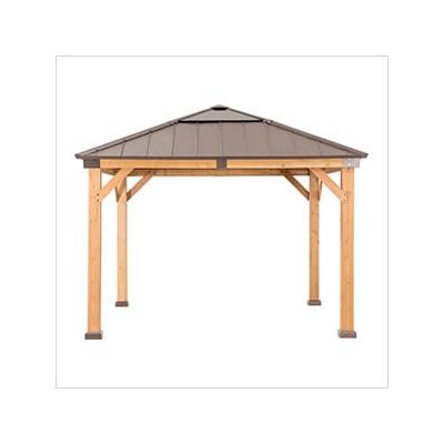 Sunjoy Group 11 x 11 Wooden Hardtop Gazebo with Ceiling Hook (Upgraded Brown Roof)