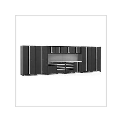 NewAge Garage Cabinets PRO Series Black 14-Piece Set with Stainless Steel Tops and Slatwall