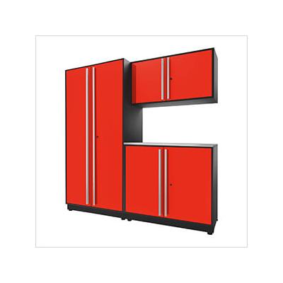 Proslat Garage Cabinets 4-Piece Glossy Red Cabinet Set with Silver Handles and Stainless Steel Worktop