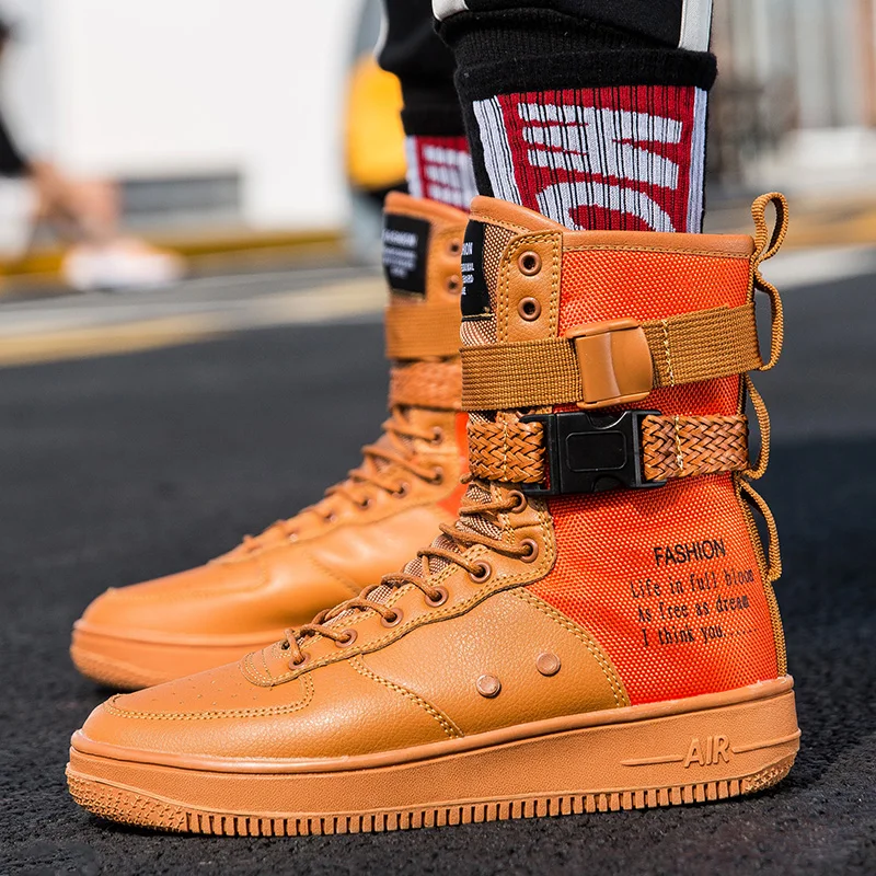 Punk Stil Orange Hohe Stiefel Paar Streetwear Schnalle Designer Schuhe Männer Casual Schuhe Trend Plattform Männer High Top Sneaker
