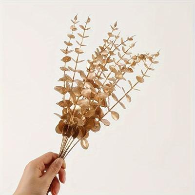 TEMU 10pcs Artificial Golden Plants Decor, Faux Golden Eucalyptus Stems Bushes Fake Leaves Plant Shrubs For Indoor Outdoor Home Hall Table Centerpieces Garden Wedding Christmas Diy Decor