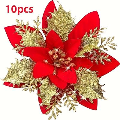 TEMU 10pcs Christmas Poinsettia Artificial Flowers Decor, Christmas Tree Wreaths Garland Decor, Glitter Flowers Picks Decor For New Year Wedding Party Ornaments