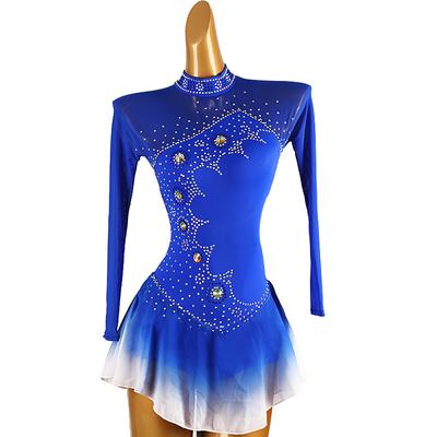 Figure Skating Dress Women's Girls' Ice Skating Dress Royal Blue Patchwork Open Back Mesh Spandex High Elasticity Training Practice Professional Skating Wear Classic Crystal / Rhinestone Long Sleeve