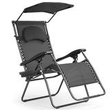 Spaco Folding Recliner Lounge Chair with Shade Canopy Cup Holder-Black Folding Beach Chair for Adults Lightweight Beach Chair Low Beach Chairs for Beach Lawn