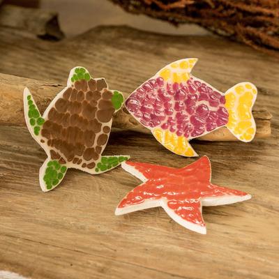 Marine Realm,'Hand-Painted Sea Life-Themed Wood Magnets (Set of 3)'